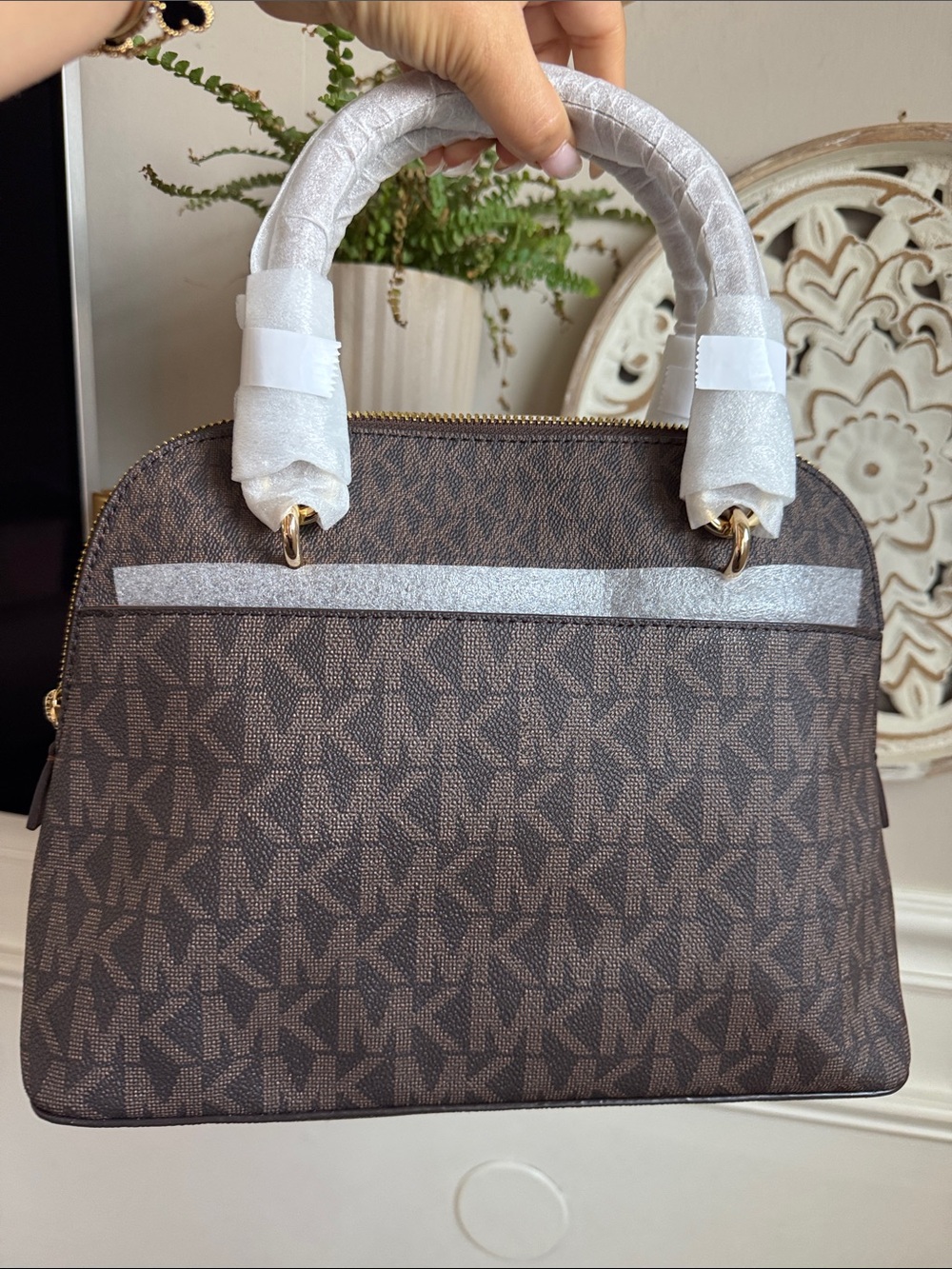 Michael Kors Brown MK Signature Dome Satchel with Gold Logo - Picture 5 of 5